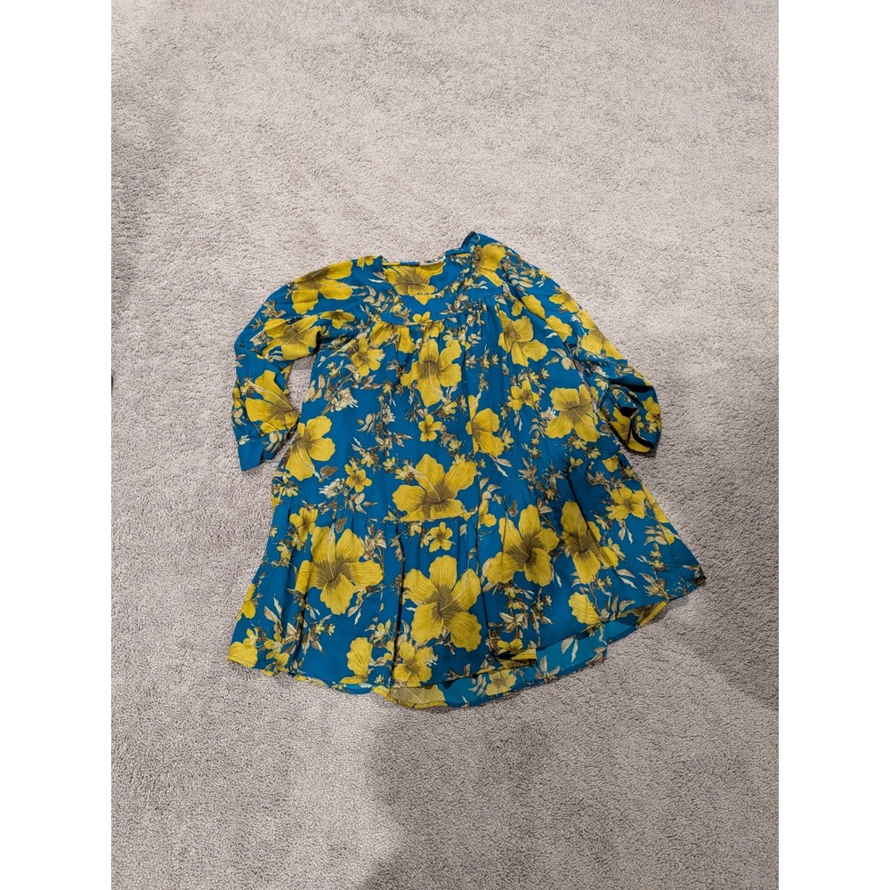 Happy Nature Teal Blue Yellow Floral Tiered Midi‎ Dress Size Medium